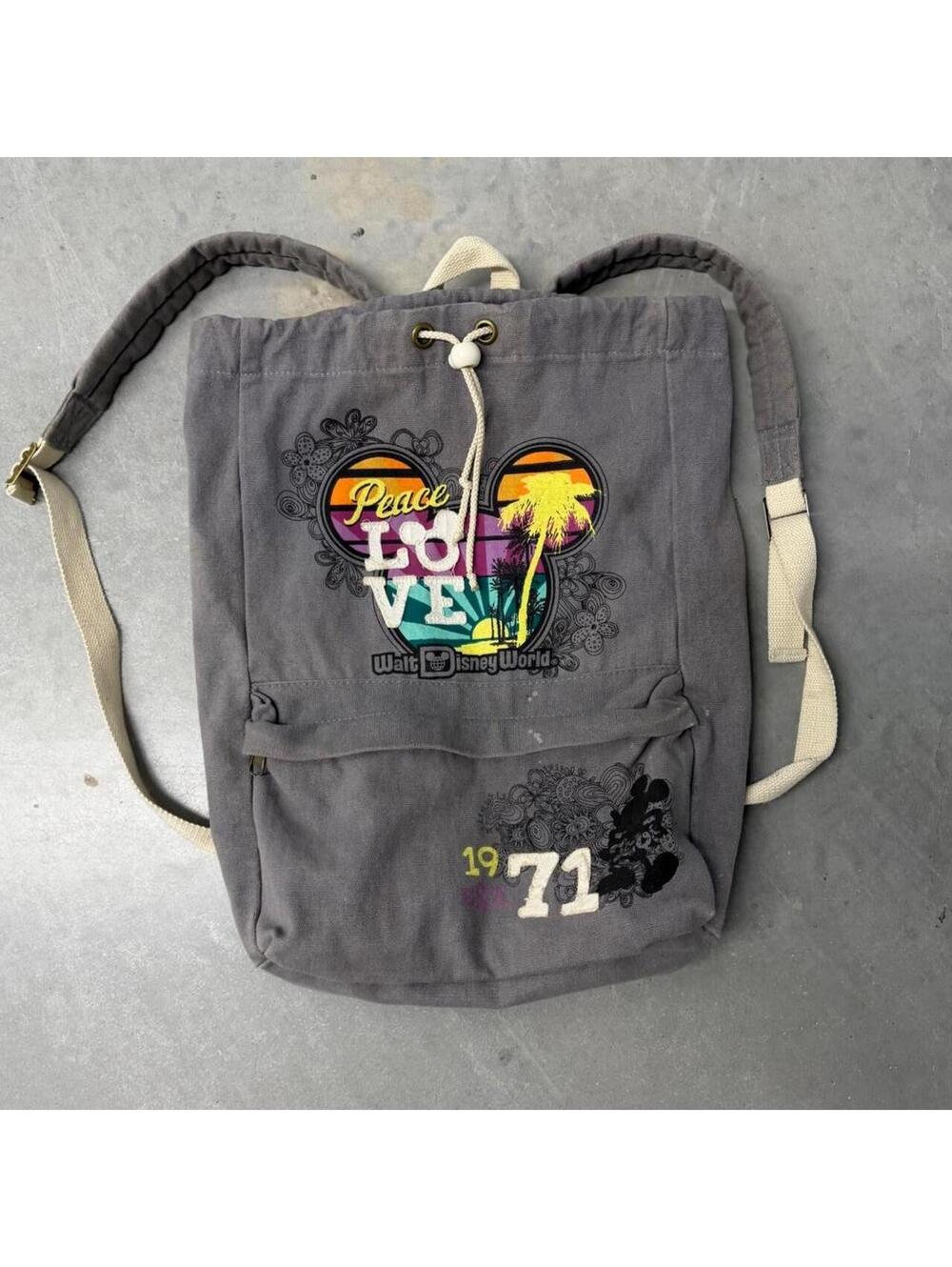 2000s Disney Parks Walt Peace Love Mickey Canvas Drawstring Backpack Travel Bag